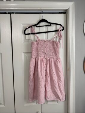 Pink Striped Seersucker Striped Smocked Tie-Shoulder Mini Babydoll Style Dress